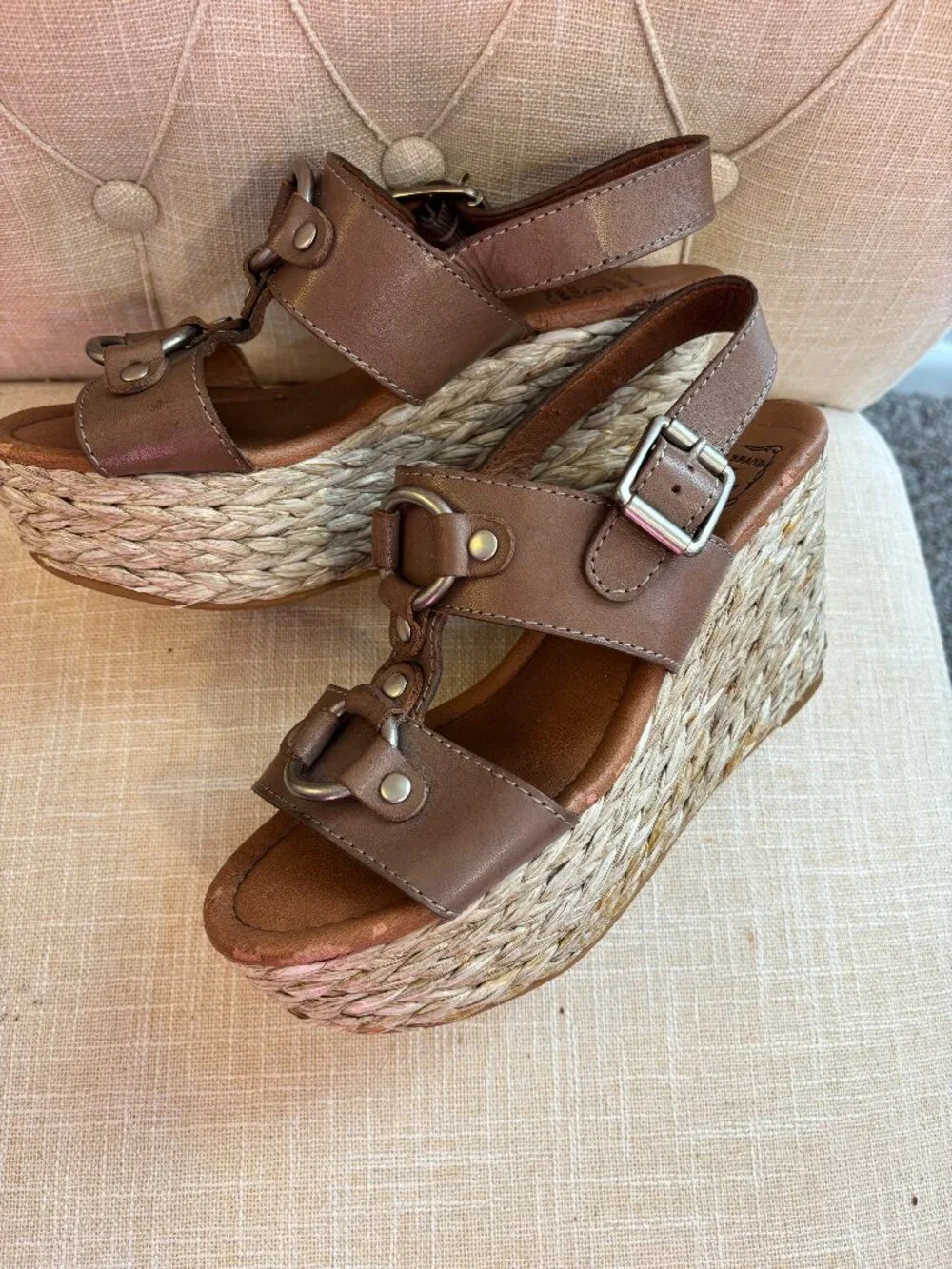 LUCKY BRAND REBA Leather Designer Espadrille Wedge Platform Sandals Size 7.5 M